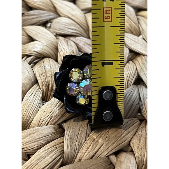 VTG Rhinestone Clip On Floral Earrings Black Enamel Aurora Borealis Whimsigoth - Picture 11 of 11